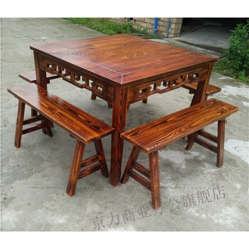 八仙桌组合全实木乐碳化老式八仙桌饭店餐桌椅仿古正方形餐桌长凳餐厅