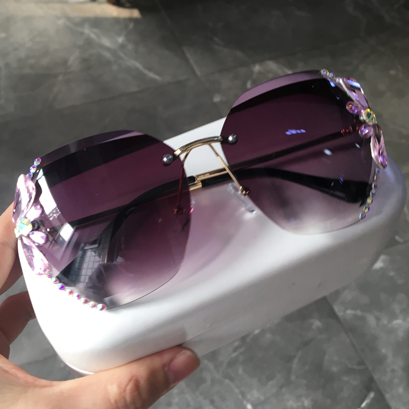 琪妍无框镶钻太阳眼镜女渐变镜片个性墨镜优雅大气时尚潮流款 渐变紫