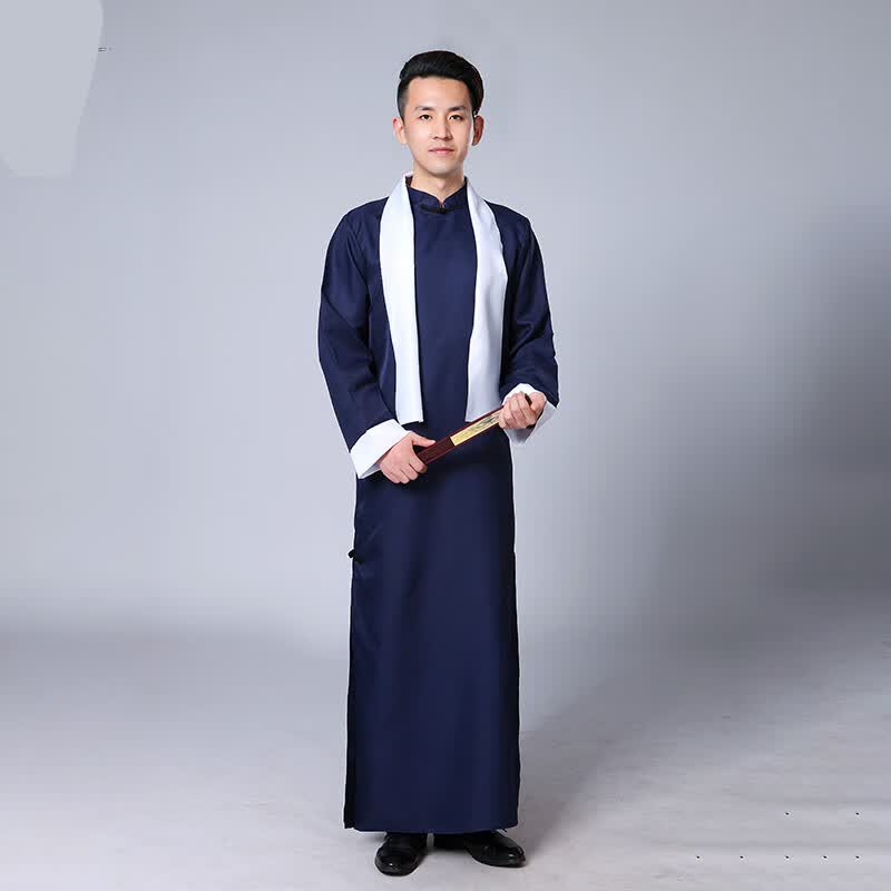 大褂快板服民国服装长衫五四青年学生装男士长袍中式马褂 藏青色 围巾