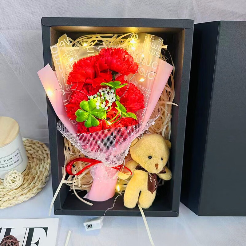 情人节表白浪漫玫瑰香皂花幸运草花束礼盒生日礼物送妈妈康乃馨 7朵