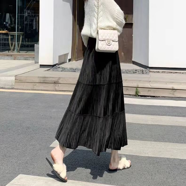 奔瑜有口袋的裙子秋冬穿的中长款半身a字裙梨形打底裙季女粗腿a字搭配