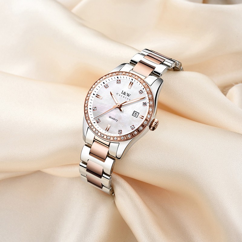 爱沃驰轻奢时尚防水玫瑰金锆石镶嵌石英手表女士表七夕生日礼物送女友 玫金壳白面|间玫钢带