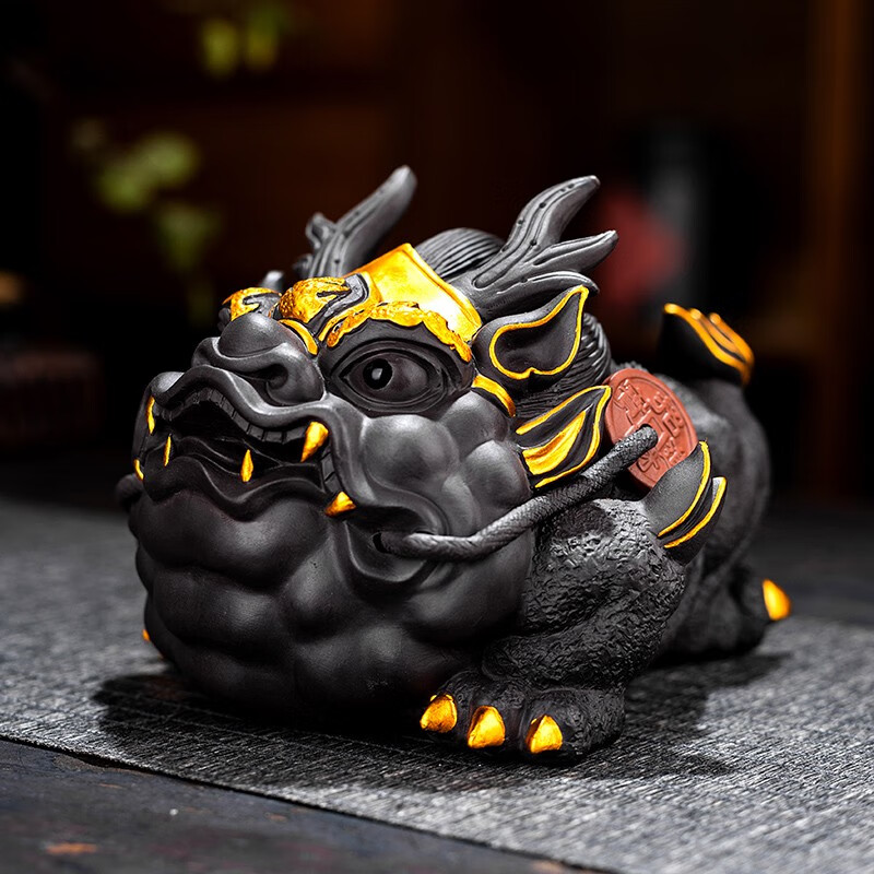 足金蟾可养招财配件禅意茶道茶几精品茶玩装饰蟾蜍 描金霸气三足金蟾