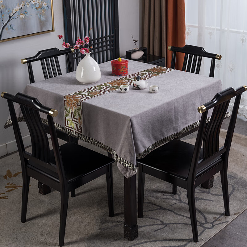 布八仙桌台布中国风棉麻桌垫麻将机麻将桌盖布 浅灰色拼花正方形桌布