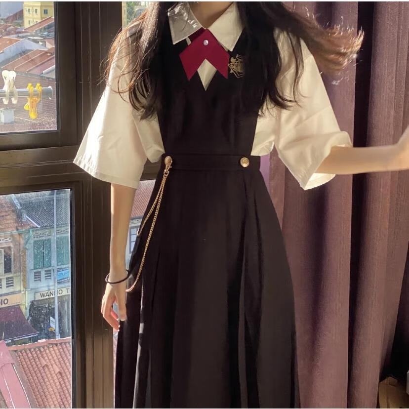 云翔四海两件套装学院风制服裙显瘦护奶百褶连衣裙子女学生短袖衬衫