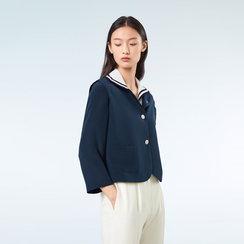 OVV2023春夏新款女装精致圆领七分袖桑蚕丝短款休闲夹克外套 藏青（净色）25 S