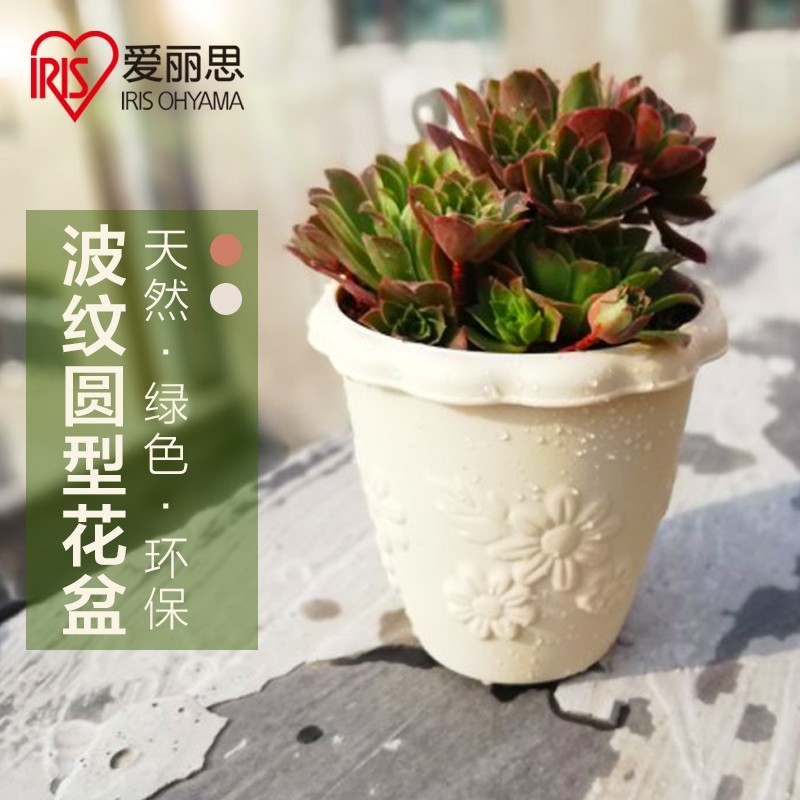 爱丽思（IRIS）花盆树脂北欧简约塑料圆型浮雕大口径种植盆阳台园艺批发多肉花盆 4号 浅米色（口径12cm） 中等