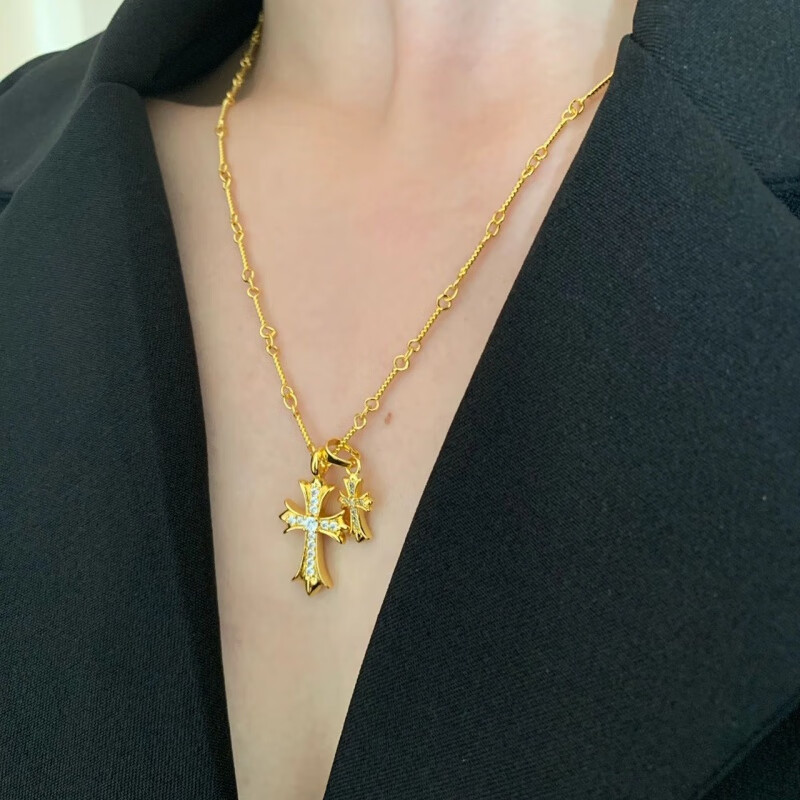胖东来同款双十字架项链休闲潮牌镀金镶钻男女同款网红不掉色 金色十字架镶钻