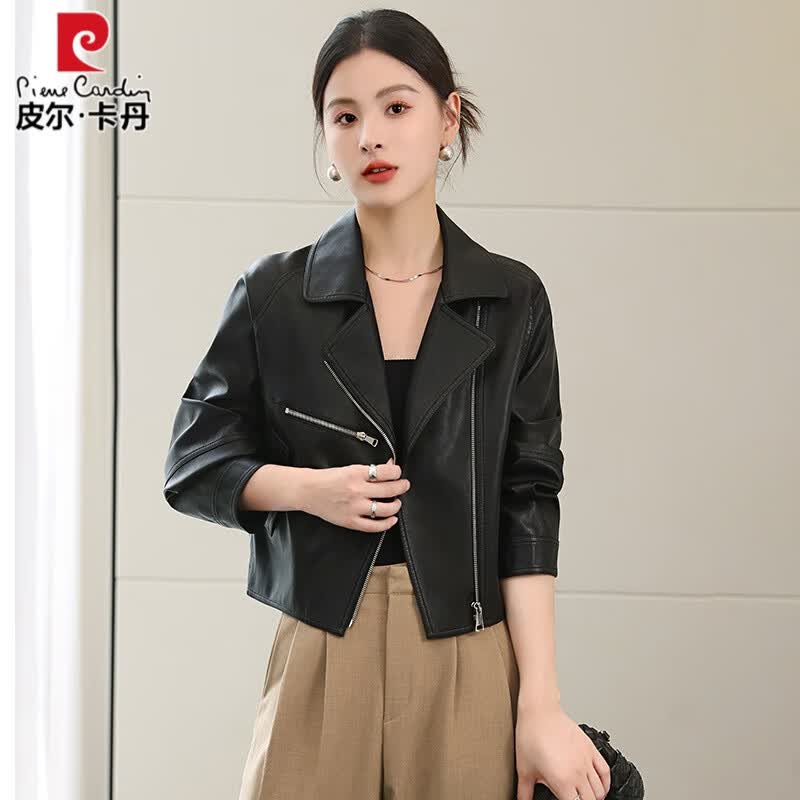 皮尔卡丹2023款真皮皮衣女短款机车服宽松时尚休闲皮夹克海宁绵羊皮小外套 黑色 S 建议90-110斤属于什么档次？