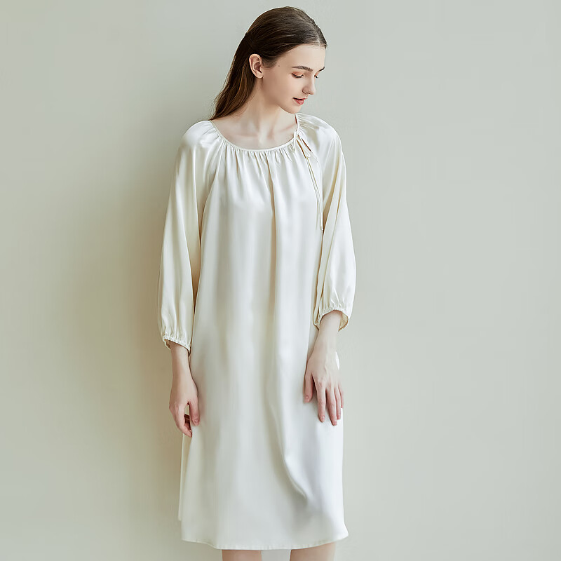 江南故事真丝睡裙女圆领系带桑蚕丝家居服外穿连衣裙过膝睡衣女新年礼物 米色 XL