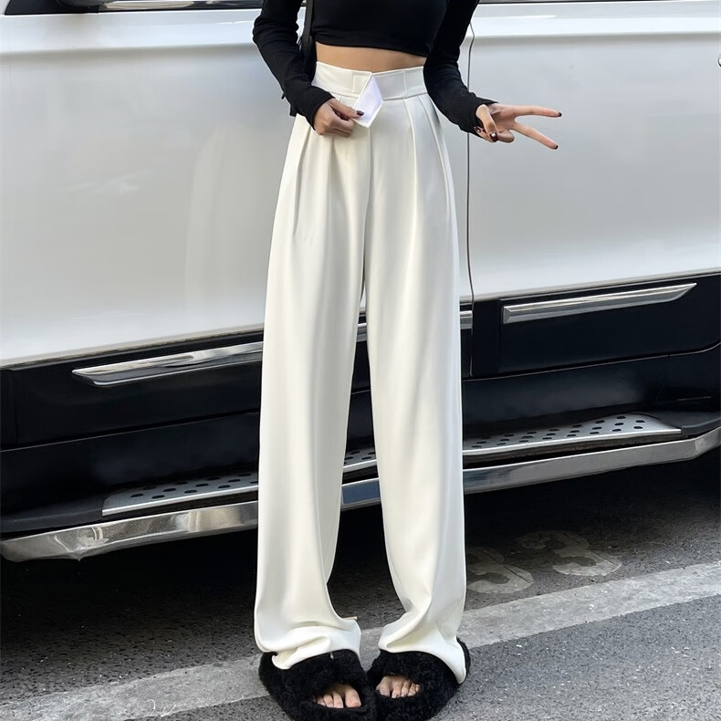 ujxw香蕉裤女春秋裤子白色西装裤窄版的阔腿裤款高腰垂感冰丝直筒休闲