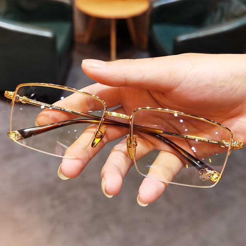 框男女个性时尚半框平光镜纯钛方框商务眼镜架 【镜框】ch8091金色 单