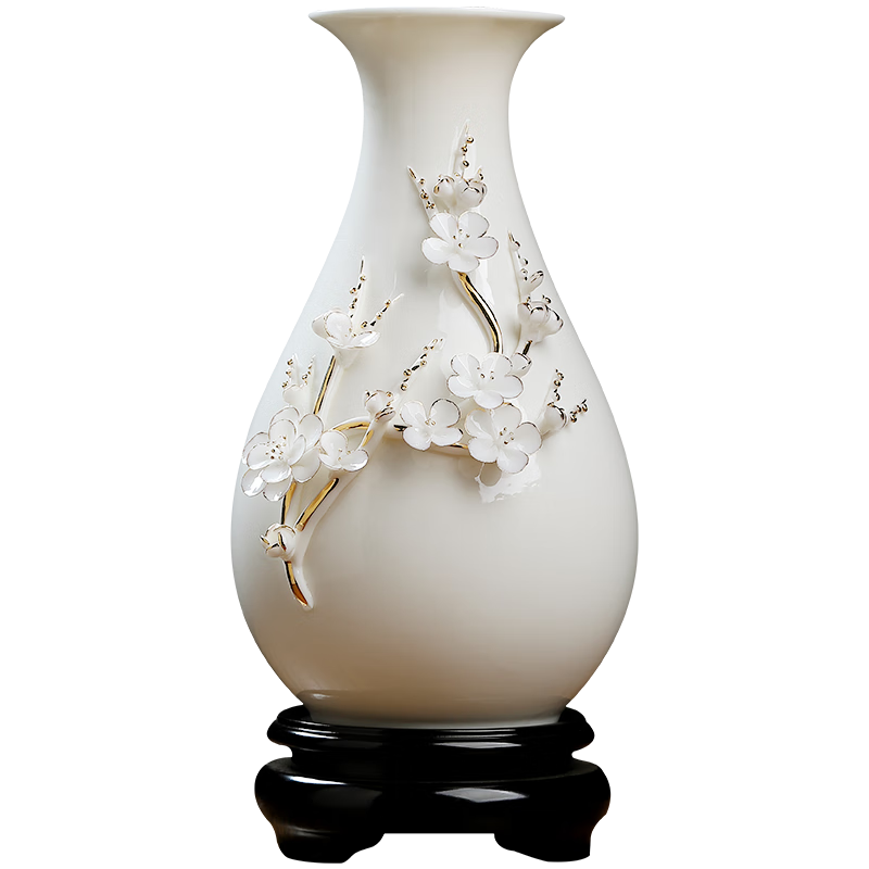 東方泥土高檔描金陶瓷花瓶輕奢擺件 客廳餐桌插花家居新中式白色干花瓷器 描金花瓶（梅花） 含底座