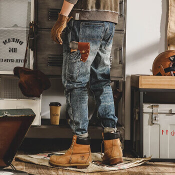 JEEP SPIRIT美式工装牛仔裤子男宽松直筒春夏新款重磅男士复古休闲裤潮 黄泥蓝 31 125-135