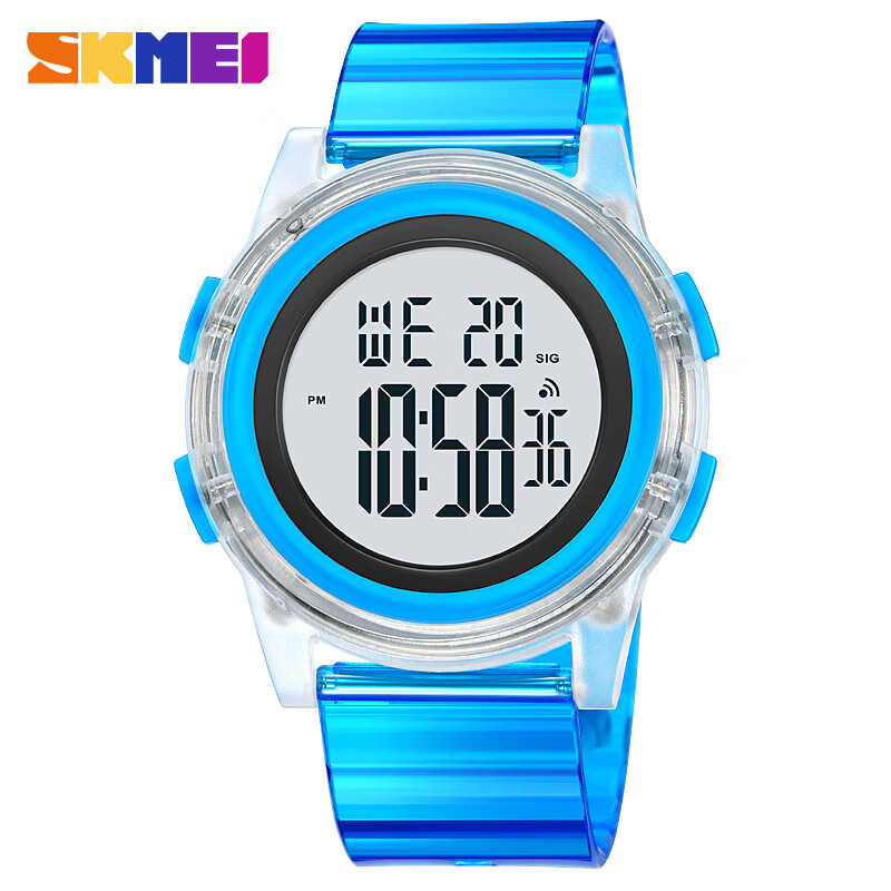 时刻美（skmei）运动电子表男款女款学生多功能手表闹钟夜光电子手表led表 透蓝