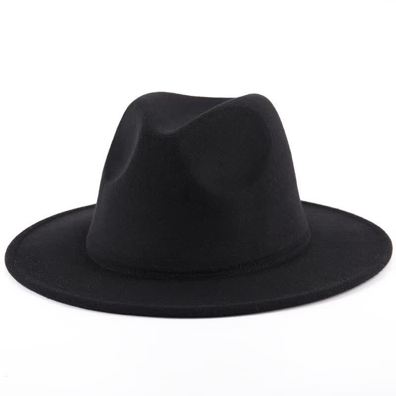 英伦风礼帽宽檐帽子毛呢光板平沿爵士帽男女凹造型摄影Fedora Hat 黑色 M（56-58cm） 京东折扣/优惠券