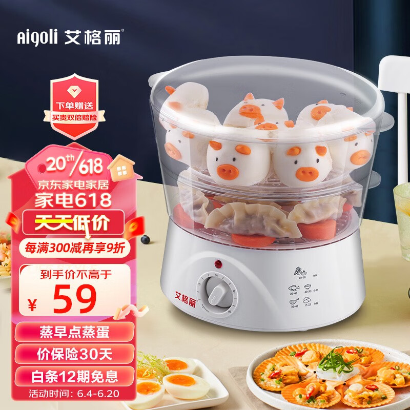 艾格丽（Aigoli） 电蒸锅家用小5L二层定时煮蛋器可拆卸蒸格上班族早餐机热饭热菜 5L-92214