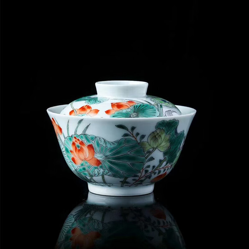 未心景德镇手绘古彩荷花二才盖碗复古茶碗单个不烫手泡茶功夫茶具套装