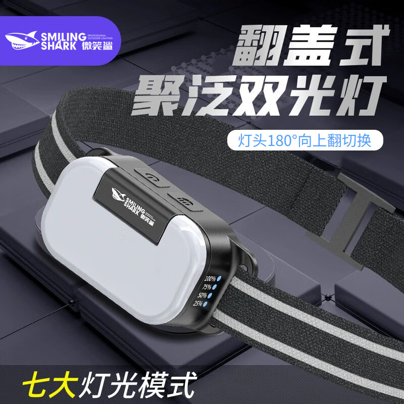 微笑鲨led强光头灯头戴式超亮充电检修工作锂电大泛光户外散光矿灯赶海 翻盖【远光+大泛光】聚合物电池