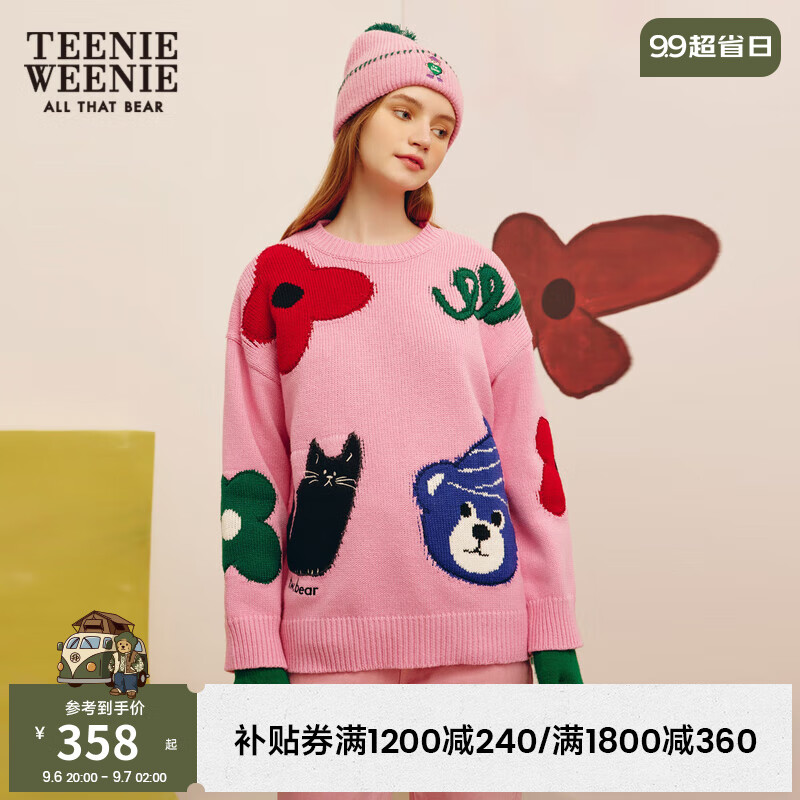 Teenie Weenie【赵露思同款】小熊撞色毛衣针织衫女时尚圆领韩版套头休闲 深粉色 165/M