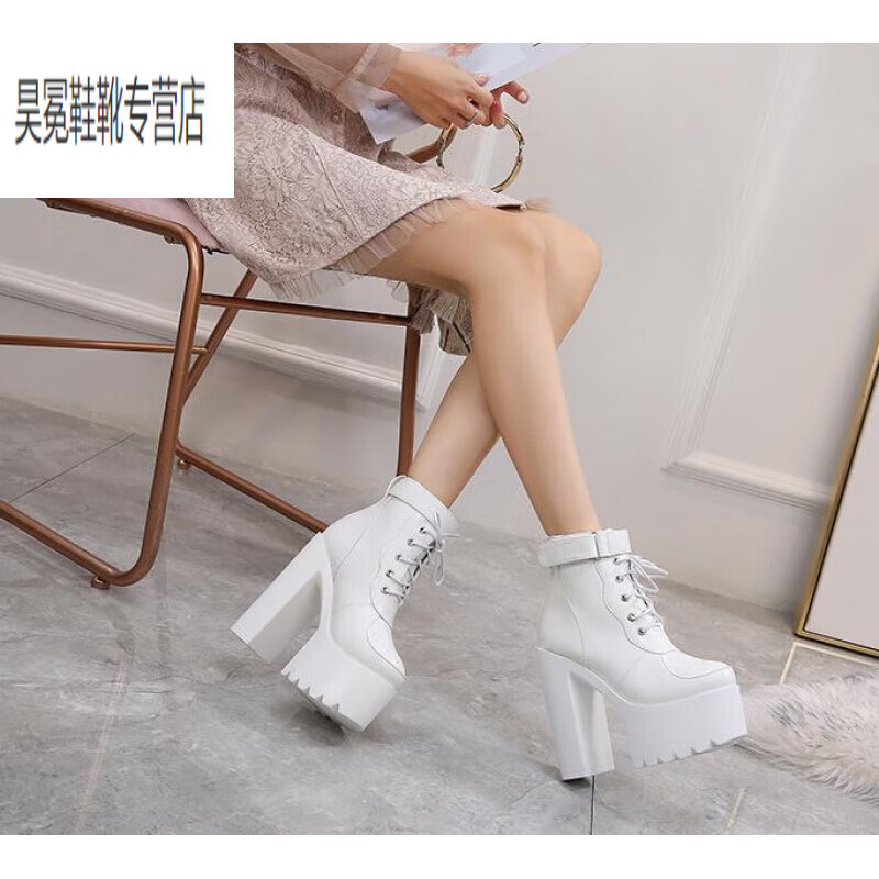 裴客走秀高跟鞋恨天高18cm/20公分超高跟粗跟女鞋歐美T臺走秀舞的 白色魔術(shù)貼15cm 38