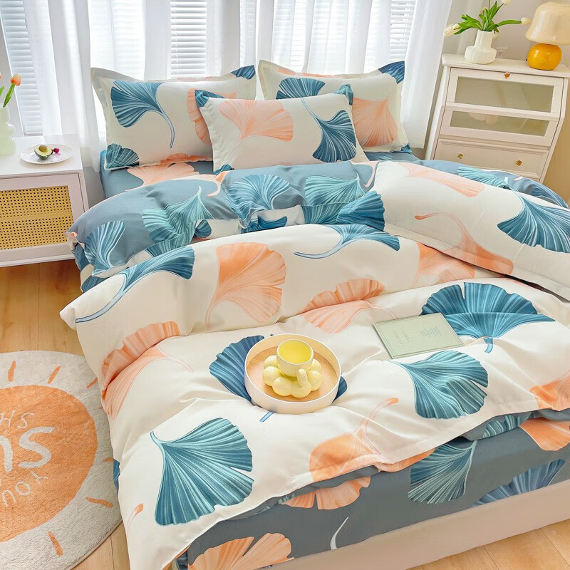 多兰诗（Duolanshi）磨毛四件套 斜纹印花卡通套件被套床单宿舍四季床上四件套 银杏花开米 1.2米 床单款 -被套150*200 三件套