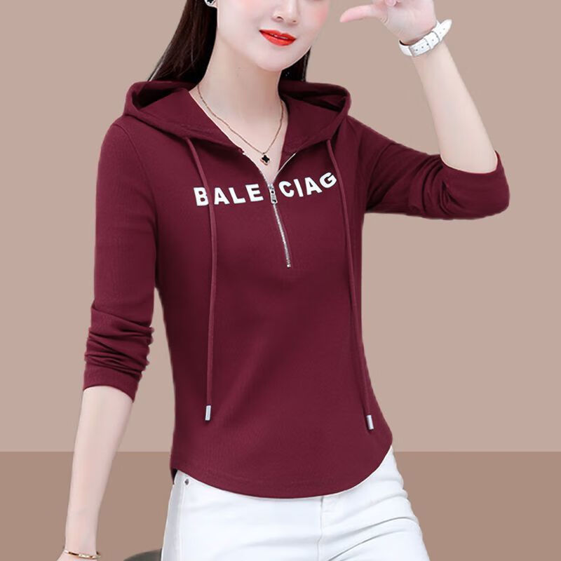 修身含棉打底衫长袖t恤女抽绳连帽卫 连帽拉链卫衣【酒红色不加绒】 m