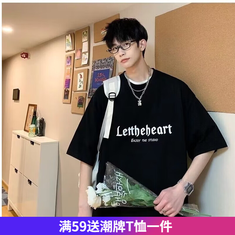 嘉晔短袖T恤新款圆领印花男女宽松ins休闲学生上衣港风五分袖宽松短袖 kp2159黑色 XL