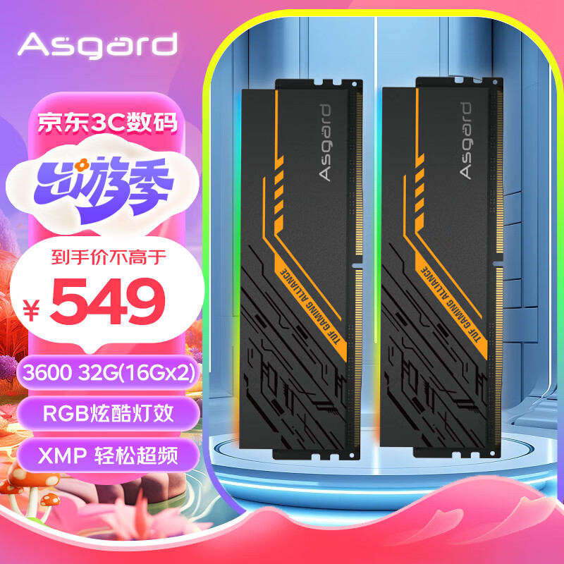 阿斯加特（Asgard）32GB(16Gx2)套装 DDR4 3600 台式机内存条 TUF联名款 RGB灯条