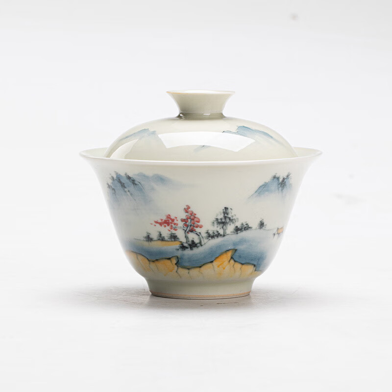 墨己 古青粉彩手绘山水画陶瓷盖碗 仿古文人泡茶碗 撇口主泡碗 古青