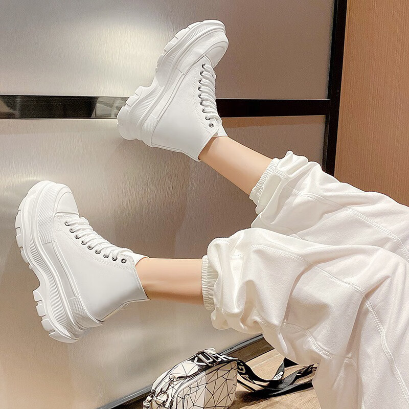 高帮帆布鞋女 2023新款春秋季厚底增高松糕鞋休闲百搭显高小白鞋 白色