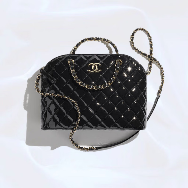 香奈儿(chanel)2023新款女包黑色精致休闲漆皮小牛皮菱格纹拉链单肩斜