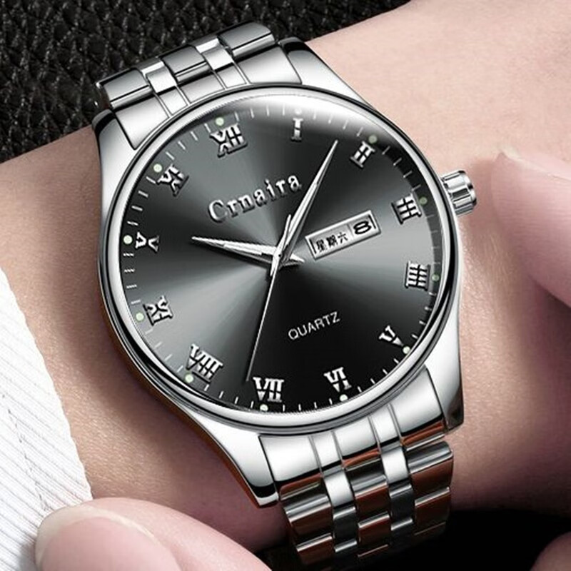 卡奈亚（Crnaira）品牌手表商务男表罗马刻度石英表男士多功能双日历夜光防水钢带潮 黑钢带蓝面