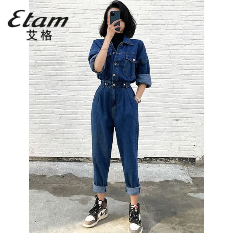 艾格高档工装牛仔连体裤女秋季网红别致感连衣裤小个子时尚连身裤套装 蓝色 S高性价比高么？