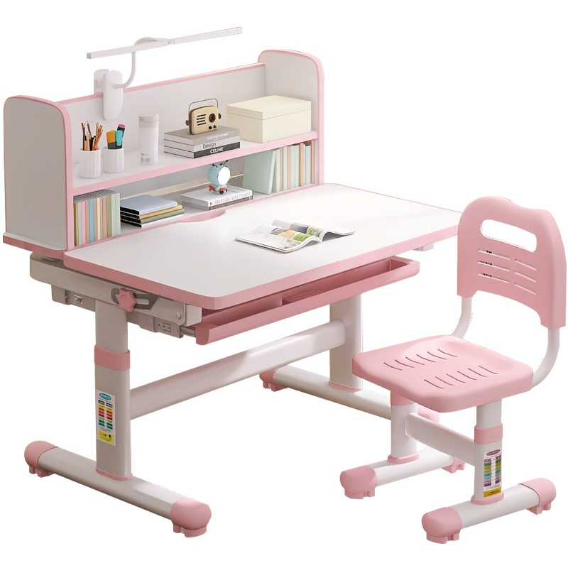 益威（EIEV）兒童書(shū)桌椅 學(xué)習(xí)桌椅 小學(xué)生課桌椅寫(xiě)字作業(yè)書(shū)桌套裝可升降桌子 大收納書(shū)桌+工學(xué)正姿椅-粉