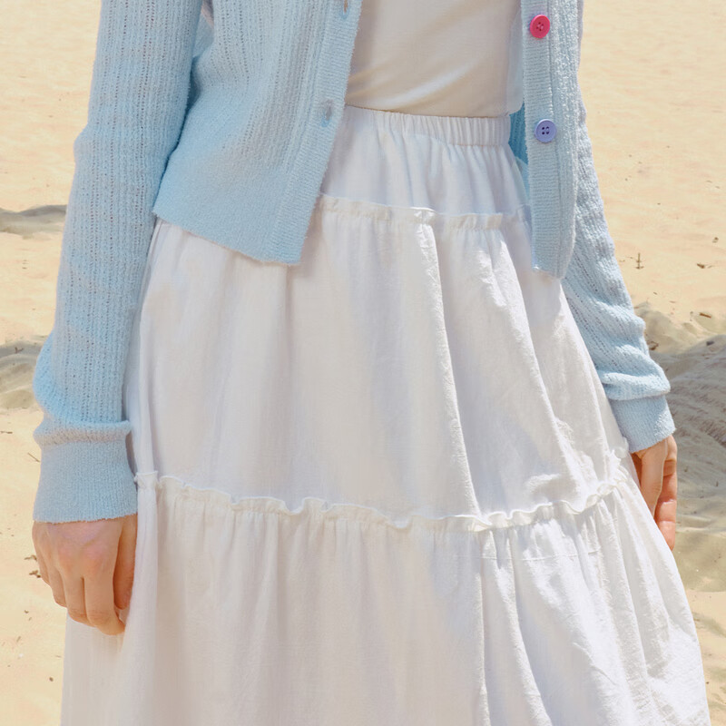 乐町韩系甜美蛋糕长裙24年夏季新款少女感纯棉半身裙基础好穿长裙 米白（现货） S