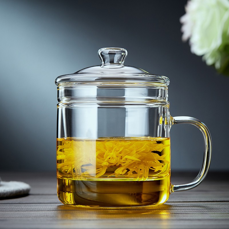 全度（Quandu） 玻璃茶杯玻璃茶缸水杯家用加厚耐热大容量玻璃茶杯带把带盖玻璃杯 透明款（含内胆）
