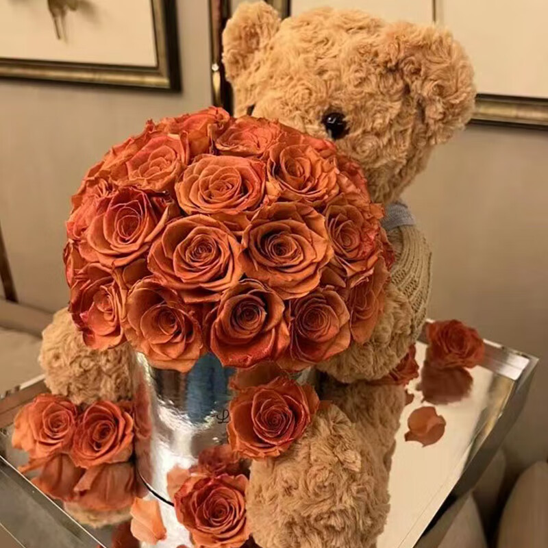 para ella 永生花泰迪熊抱抱桶玫瑰花520情人节礼物生日纪念日送女