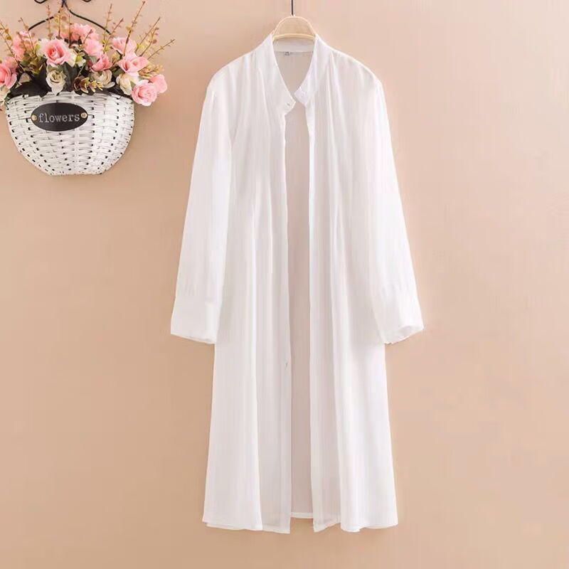 蓝骏启夏季薄款雪纺衣服中长款外搭衬衫七分袖超仙空调披肩开衫 201