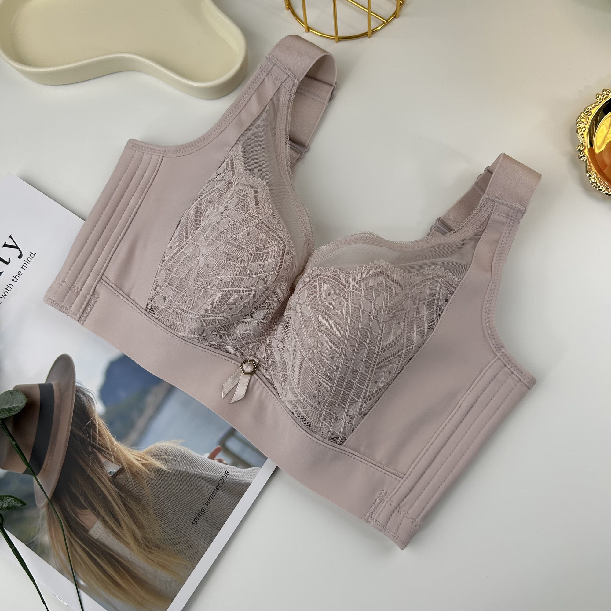 码文胸薄杯大胸显小侧收副乳全罩杯内衣调整型蕾丝款 藕粉色(a款) 75b