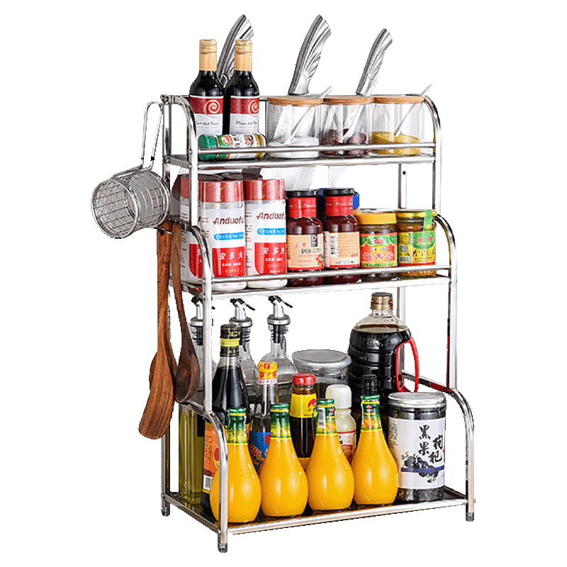 厨房置物架 不锈钢落地三层收纳架油盐酱醋刀架用品调味调料架子 三层(30*22*61CM)