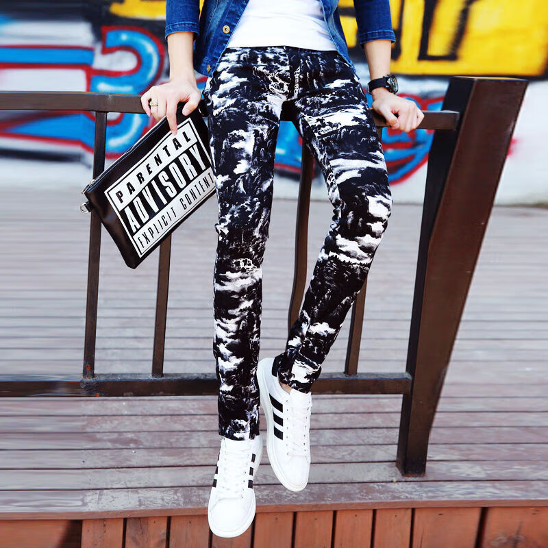 元乐申时尚弹力大雪花男裤休闲裤男生非主流裤子小脚裤男长裤花裤子