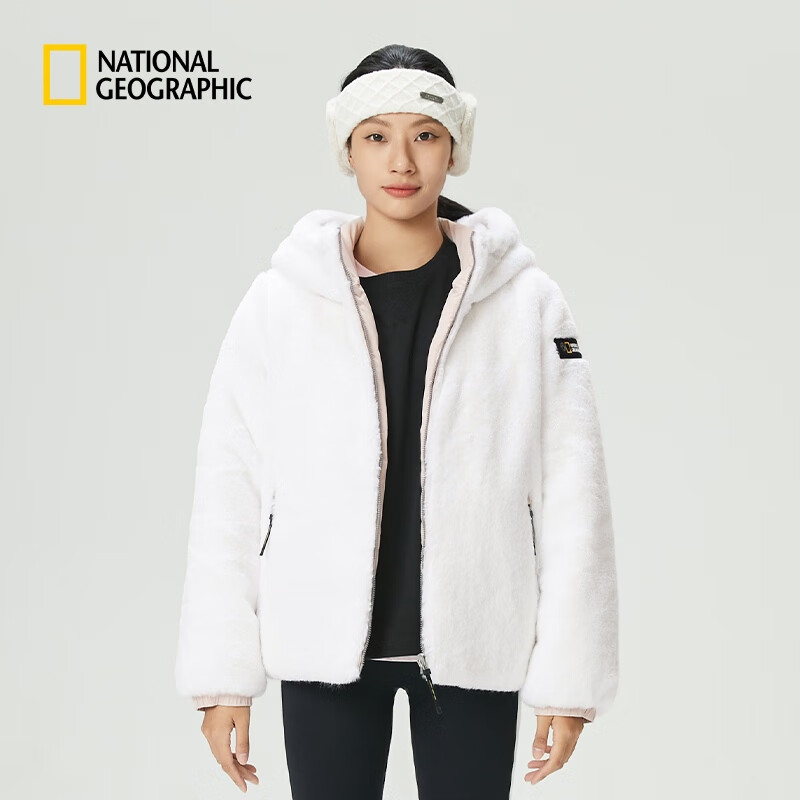 国家地理（National Geographic）鸭绒羽绒服女士冬季加厚保暖两面穿仿皮草连帽短款面包服 糖白色SUGAR SWIZZLE IVORY 160/84A