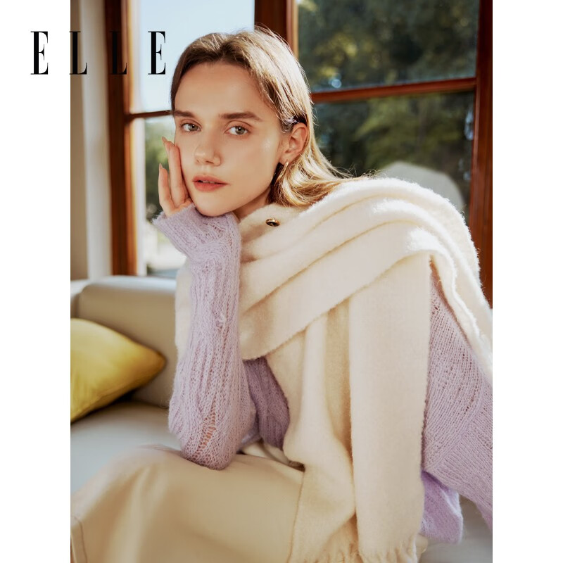 ELLEELLE 羊毛围巾女士秋冬保暖披肩两用斗篷空调房礼物 米杏色