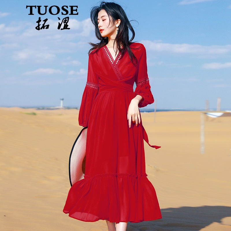 拓涩（TUOSE）沙滩裙2023夏季新款香港潮牌红色连衣裙超仙海边度假泰国海滩长裙 红色 M