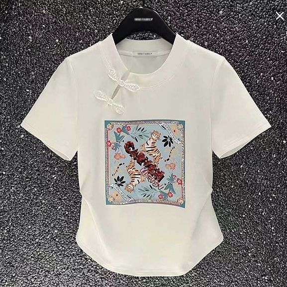 vfkz高领t恤女夏天新中式国风白色短袖2023夏季新款设计感小众百搭宽