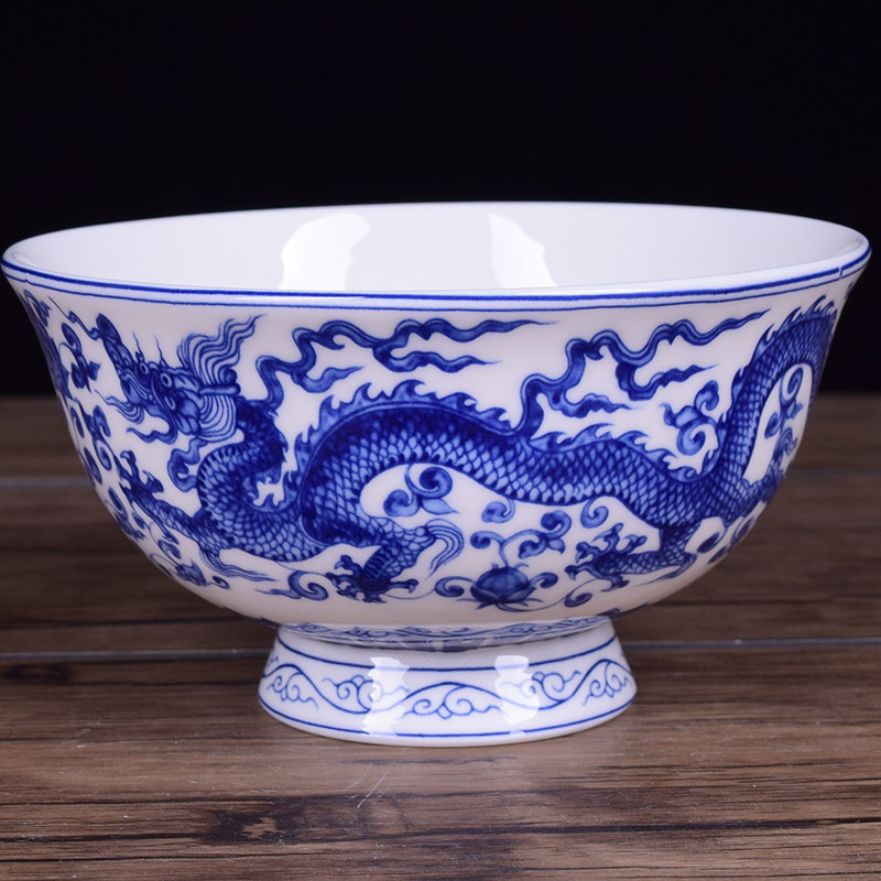 瑾瀚瓷轩中式青花瓷高脚吃饭碗防烫景德镇家用怀旧仿古龙凤陶瓷碗