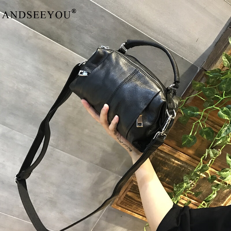 ANDSEEYOU2025春夏新款真皮女包包韓國時尚小包單肩簡約純色光板斜挎包手提 黑色大號(21*16*11cm)