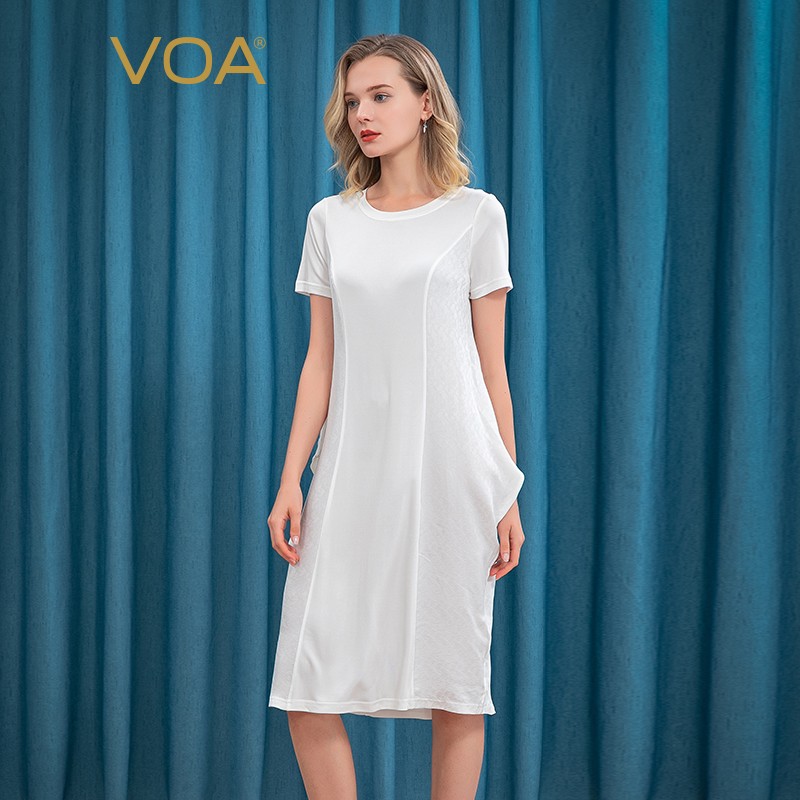 VOA真丝针织33姆米奶白色圆领短袖提花拼接设计感桑蚕丝连衣裙 AE75 烟花月白（W19） 165/L