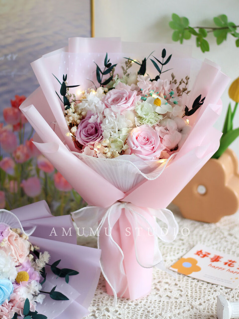 唯美创意永生花束玫瑰康乃馨真干花送女友生日毕业520母亲节礼物 锦瑟